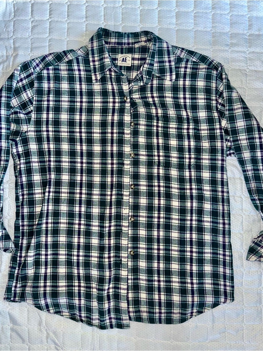 American Eagle Outfitters Green and White Plaid Button-Down Shirt